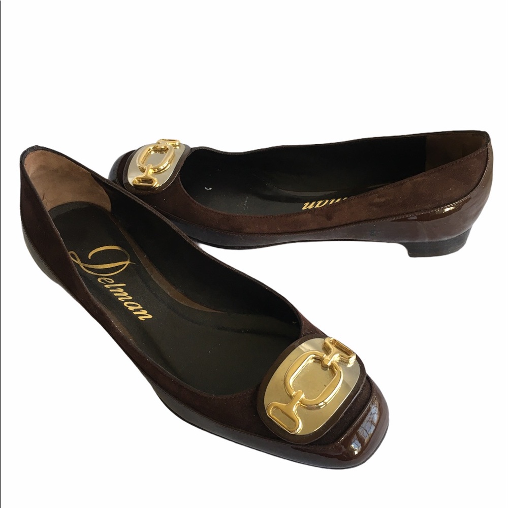 Delman Patent/Suede Flats with Brass Buckle